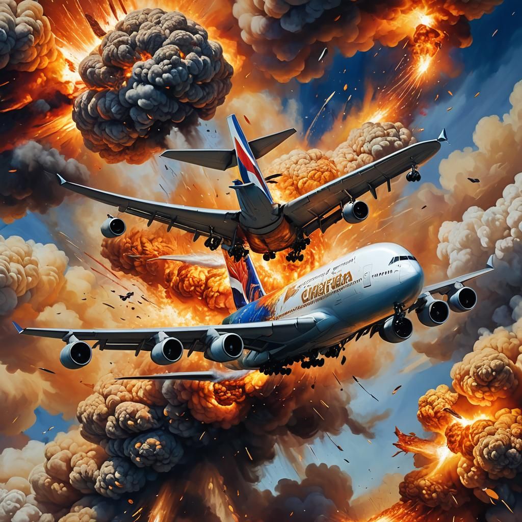 Surreal A380 Airplane Fireball in Oil Painting