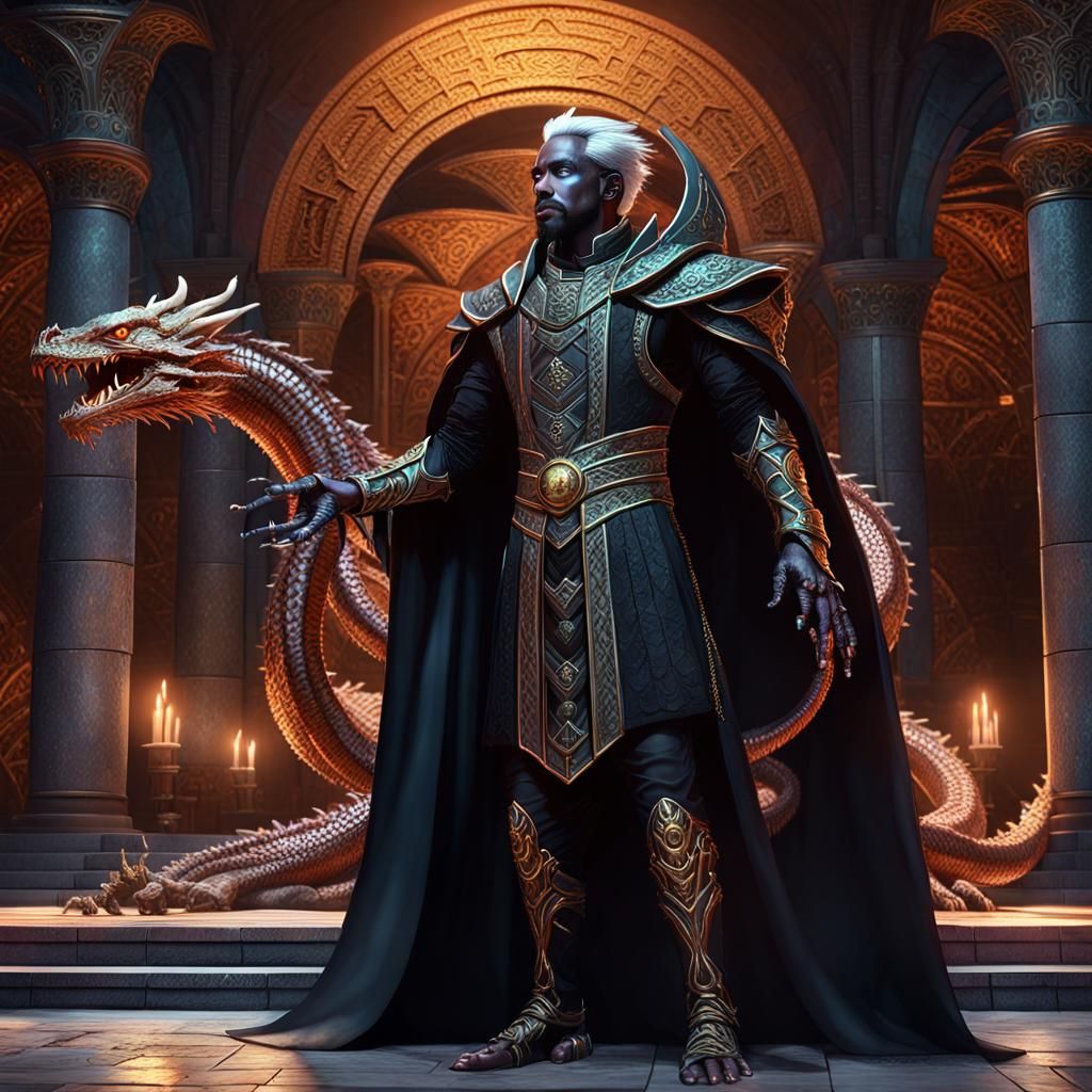 Drow Priest in Roman Temple with Copper Dragon