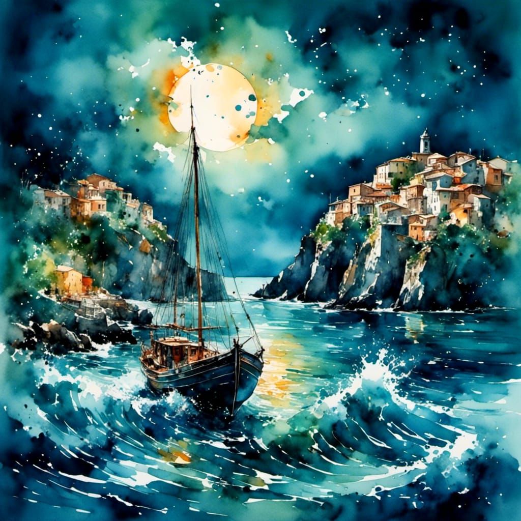 Mediterranean Fishing Boat in Antique Watercolor Style