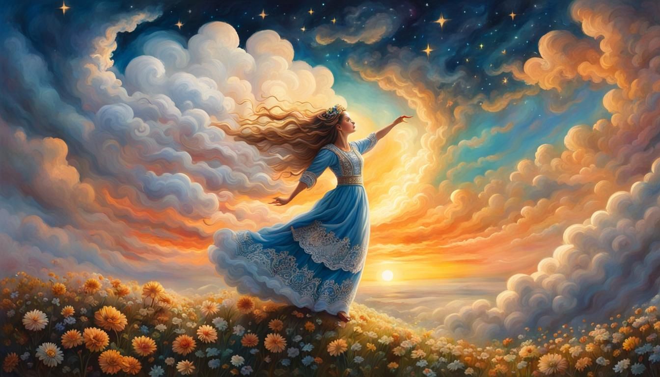 Dancing Cloud Girl Reaching for the Sun