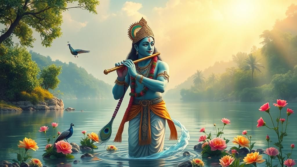 Lord Krishna on the Riverbank in Visionary Style