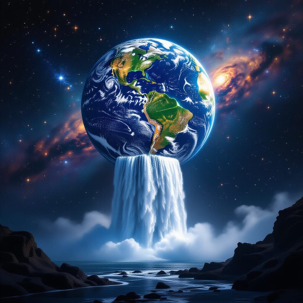 Earth With Cosmic Waterfall and Falling Stars in Space