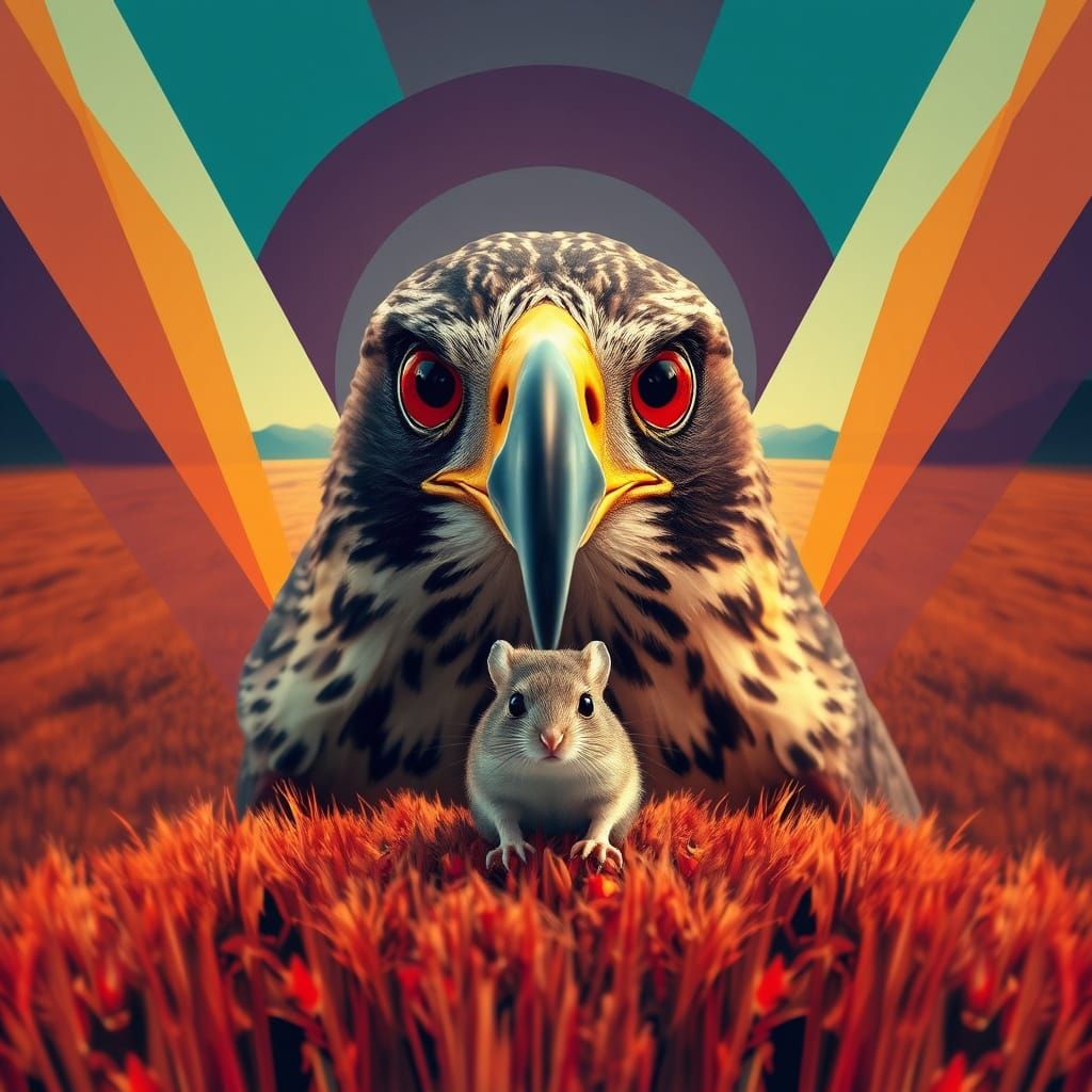 Raptor's Gaze in Geometric Field: Screen Print Art