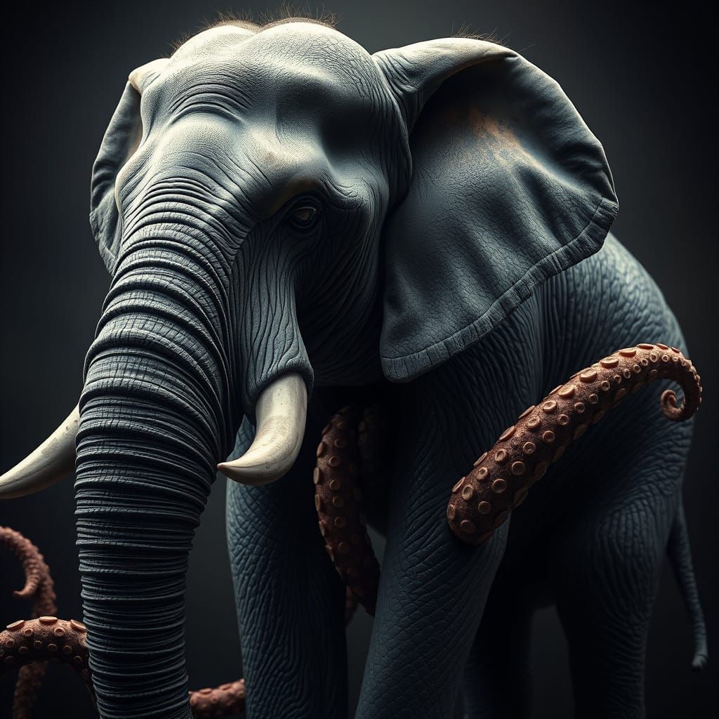 Hyperrealistic Elephant Raccoon Octopus Human Hybrid Portrai...