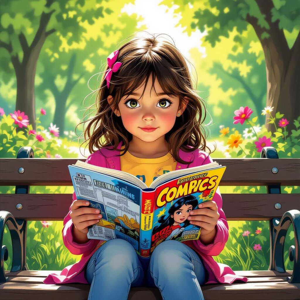 Girl Reading Comic Book in Hyperrealistic Style