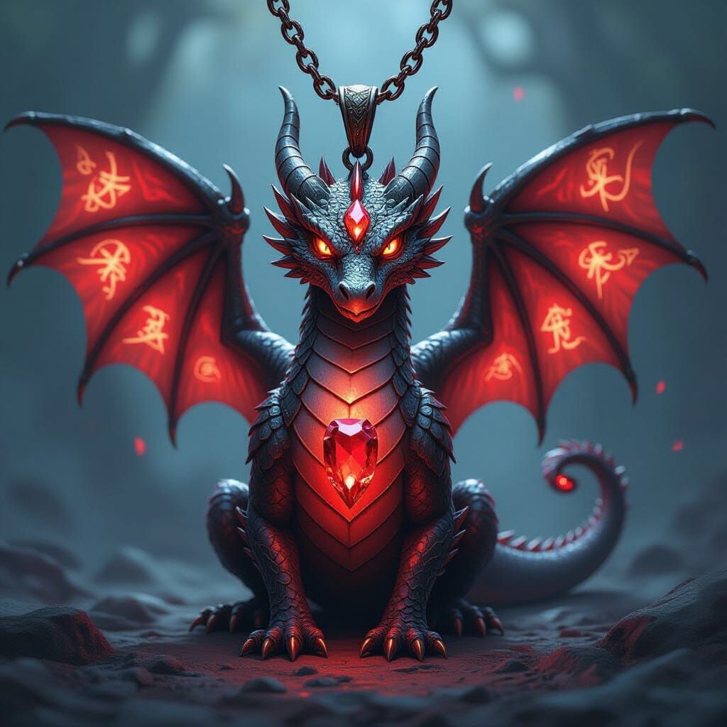 Dragon Pendant with Ruby and Glowing Spells