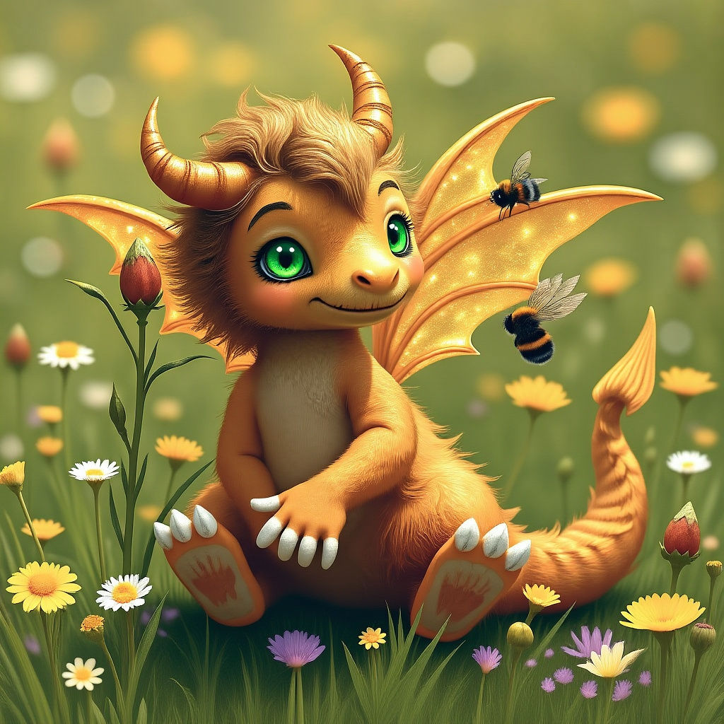 Dragon Fairy Catching Bumblebee in Sunny Meadow
