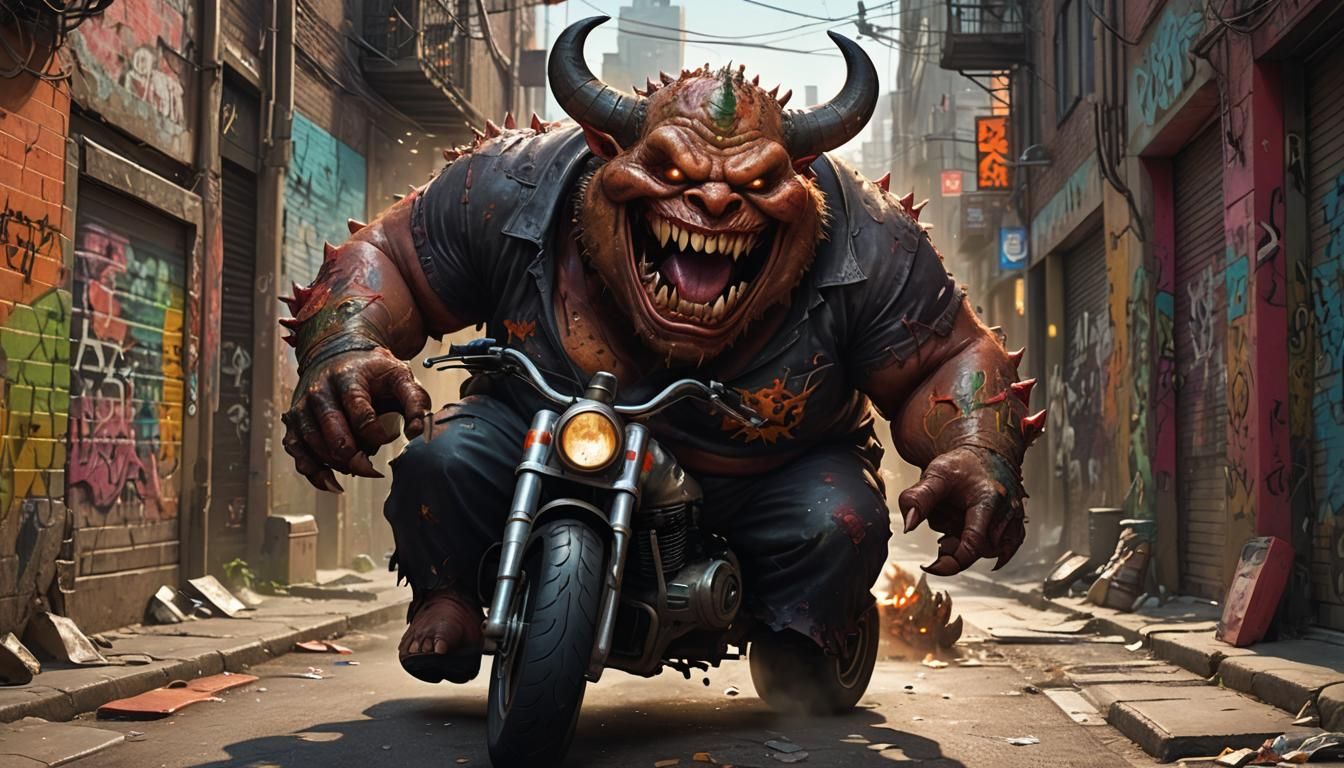 Hyperrealistic Obese Demon Rides Moped in Alleyway