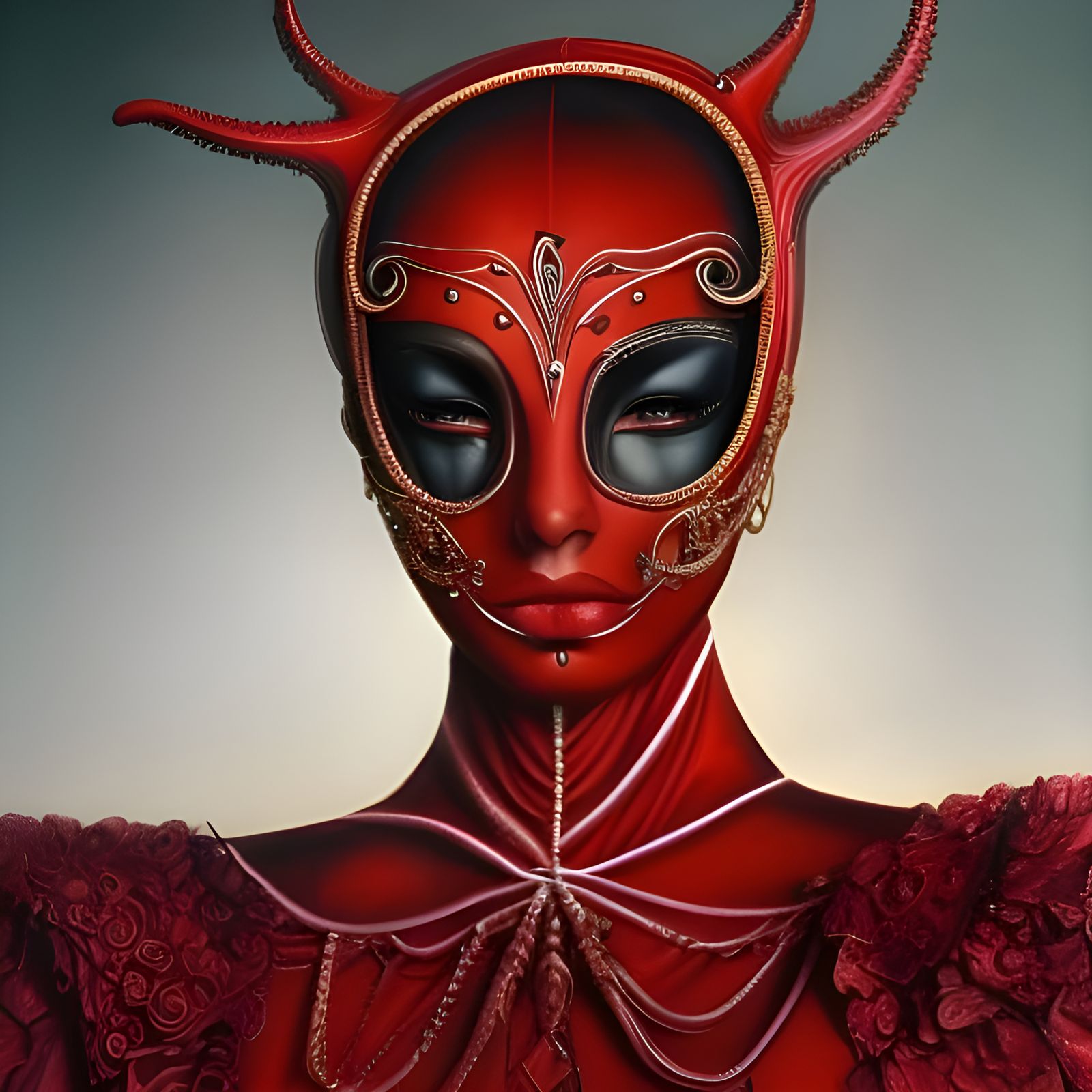 Ornate Masked Lady in Red, Surreal Portrait