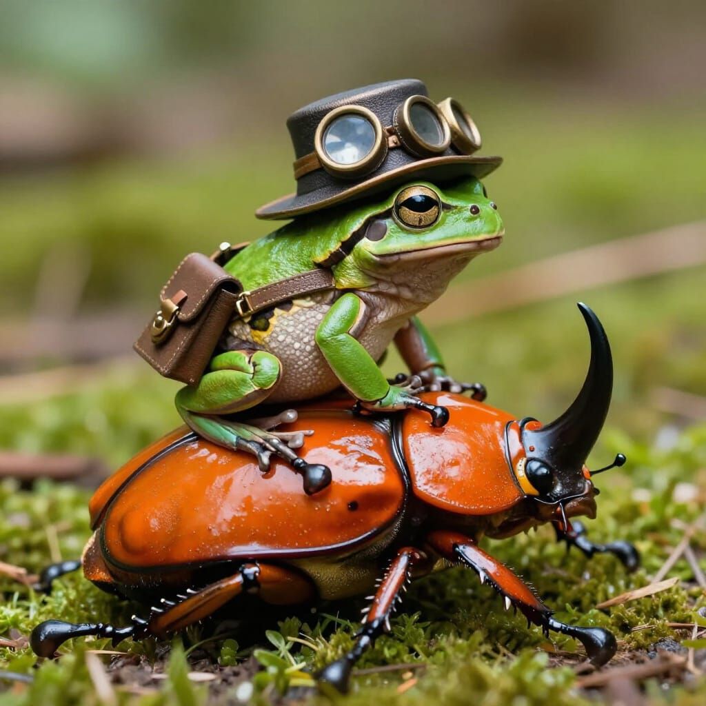 Steampunk Frog Rides Rhino Beetle in Nature