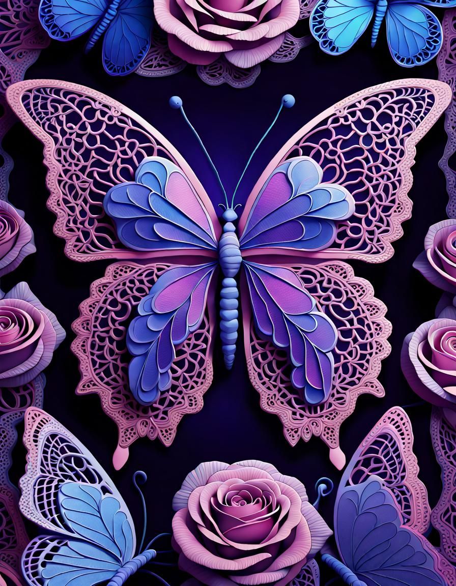 Lace Butterfly with Blooming Roses in Eldritch Lighting