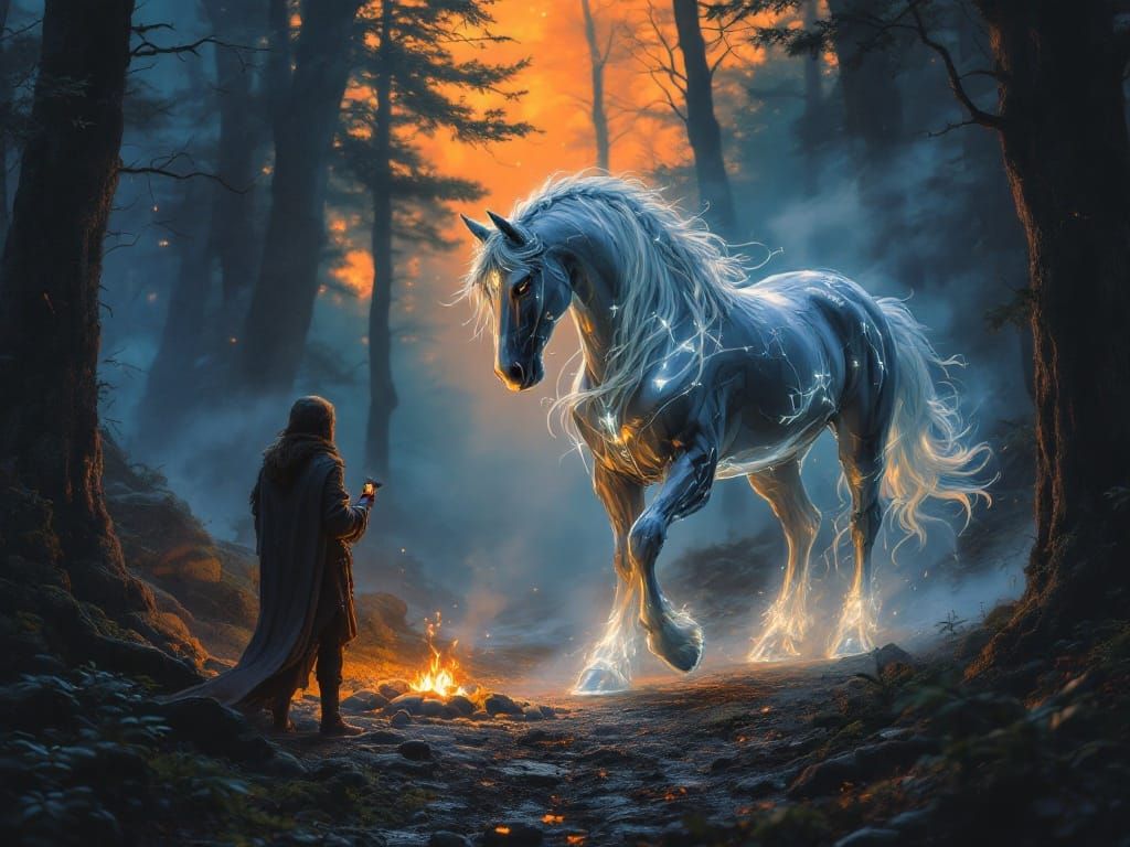 Mythic Forest Twilight: Luminous Horse Meets Seeker