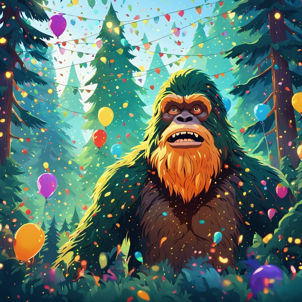 Bigfoot Celebration Illustration with Confetti and Fairy Lig...