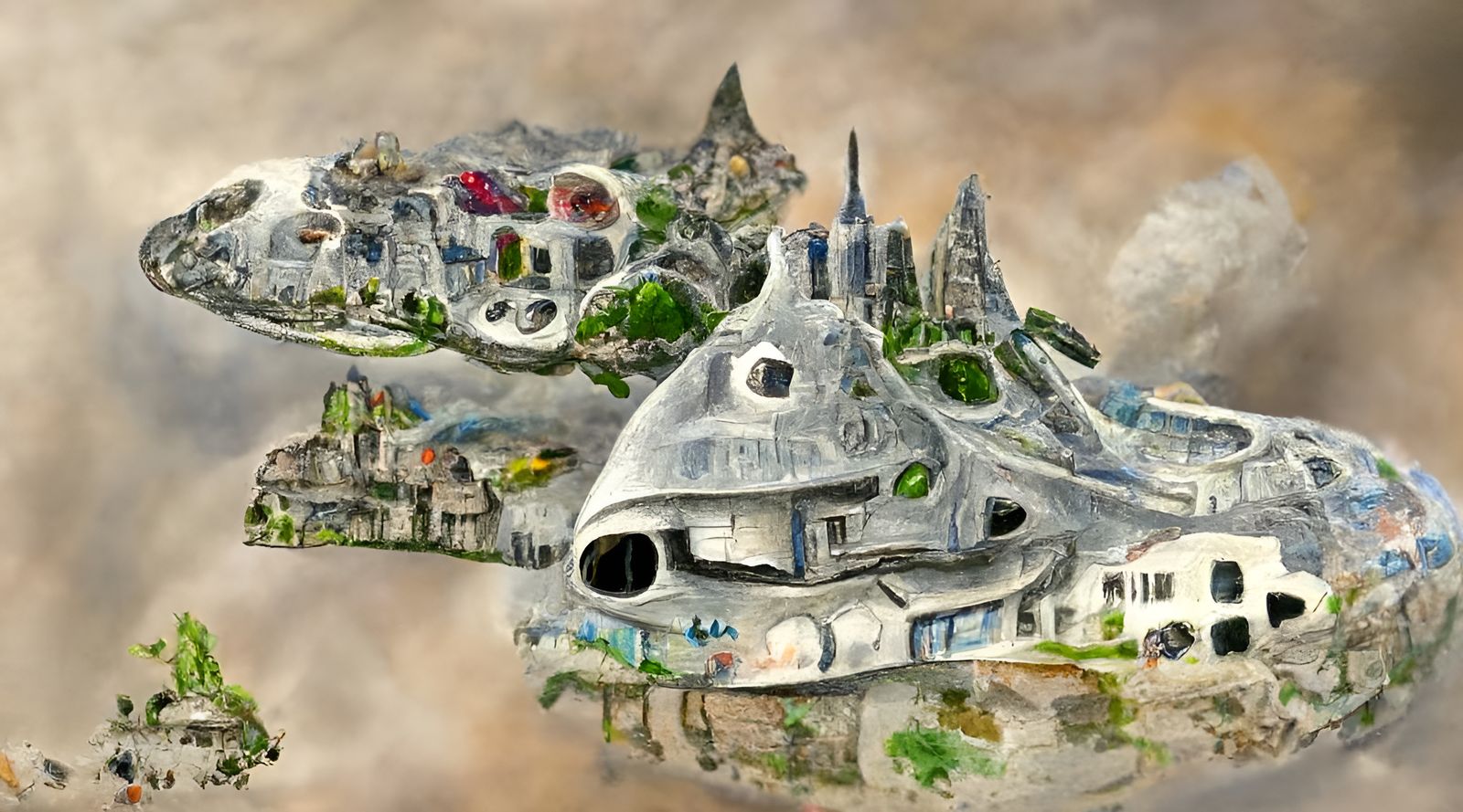 Chaotic Sci-Fi Landscape with Spaceship and Castle