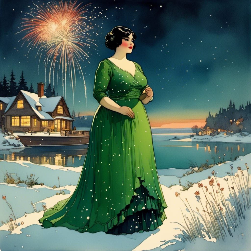 Chubby Woman in Snowy Field with Fireworks