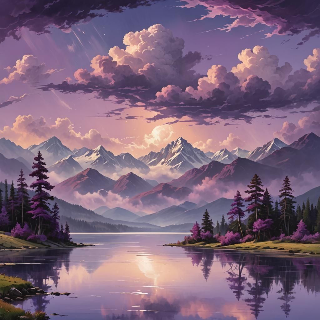 Purple Clouds Roll Over Mountain Lake