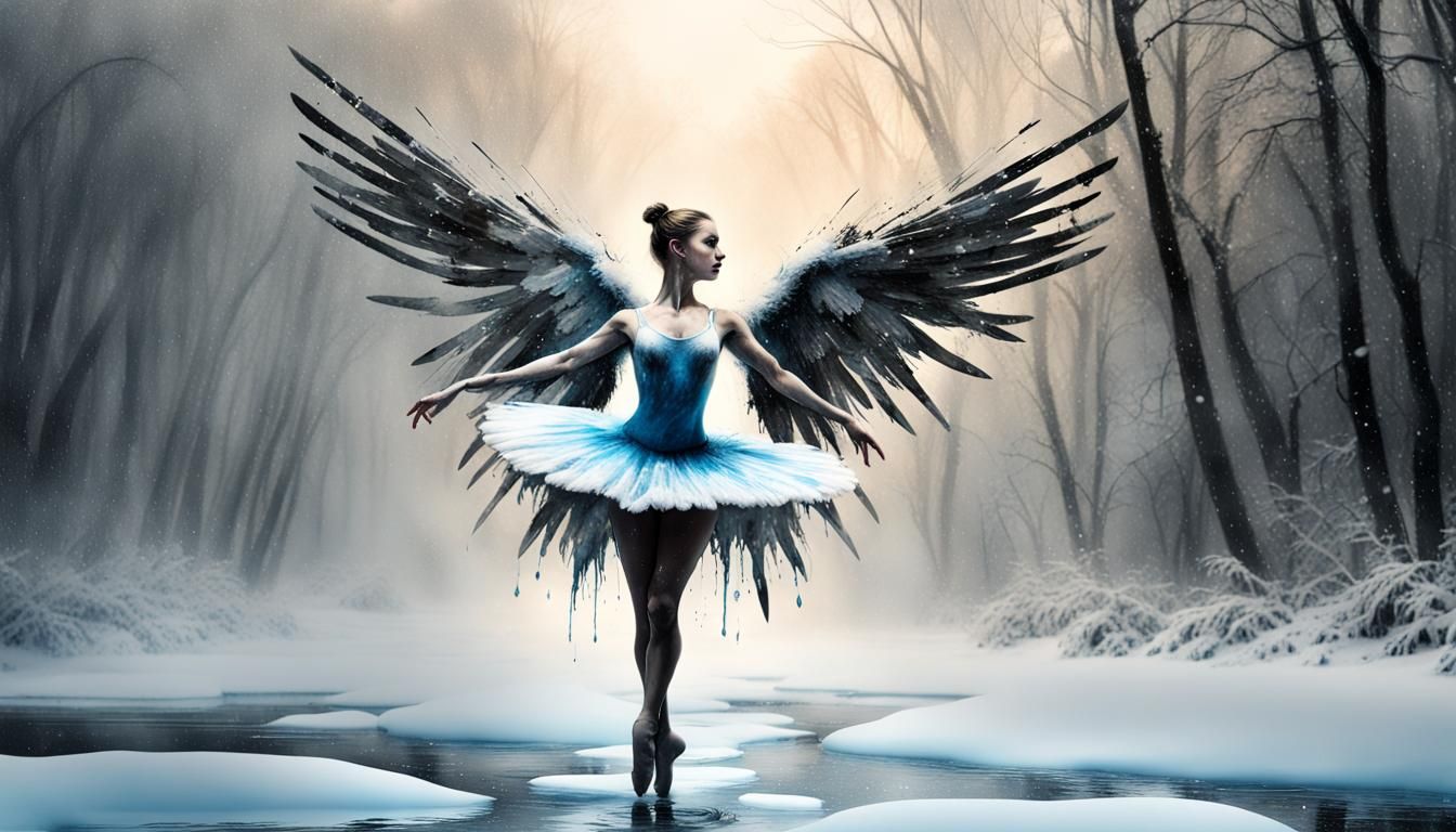 Ballerina Angel Dances in Snowy Winter River