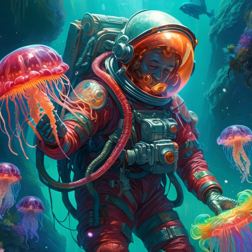 Astronaut Holding Rainbow Jellyfish in Neon Fantasy
