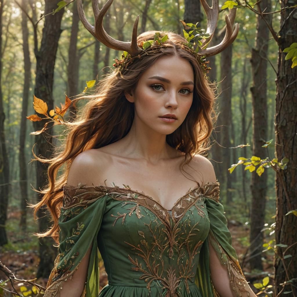 Goddess with Antlers in Forest Clearing