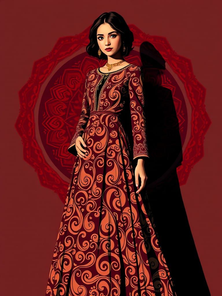 Girl in Calligraphic Dress, Film Noir Pop Art Illustration