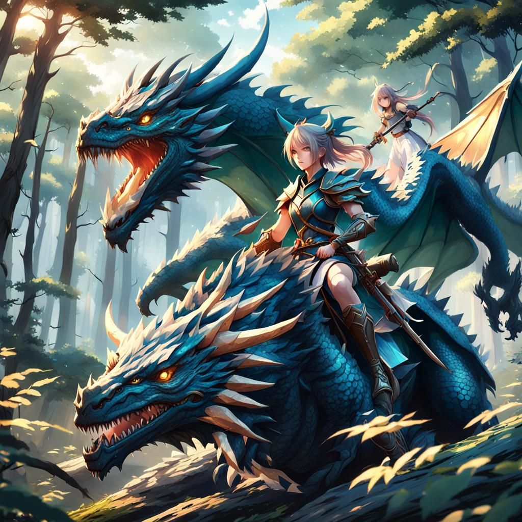 Female Warrior on Dragon: 3D Anime Art