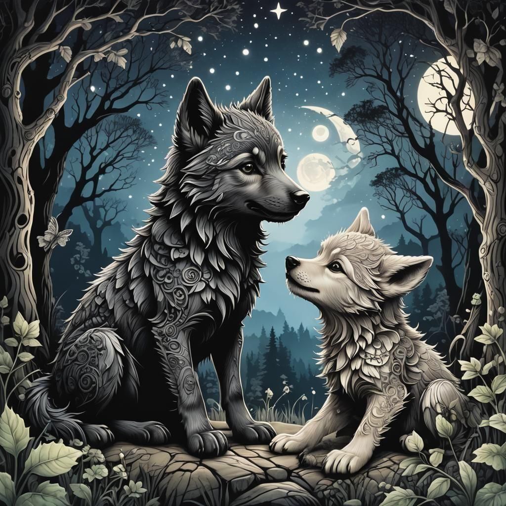 Cute Wolf Cubs Playing in Night Fairy Landscape