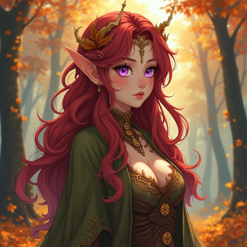 Autumn Eladrin Druidess in Whimsical Forest
