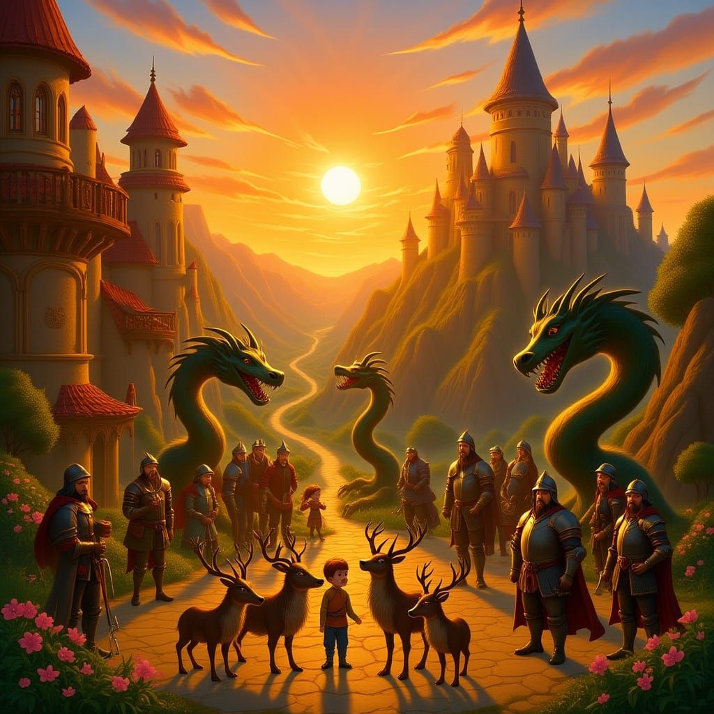 Whimsical Fantasy City with Castle and Mythical Creatures