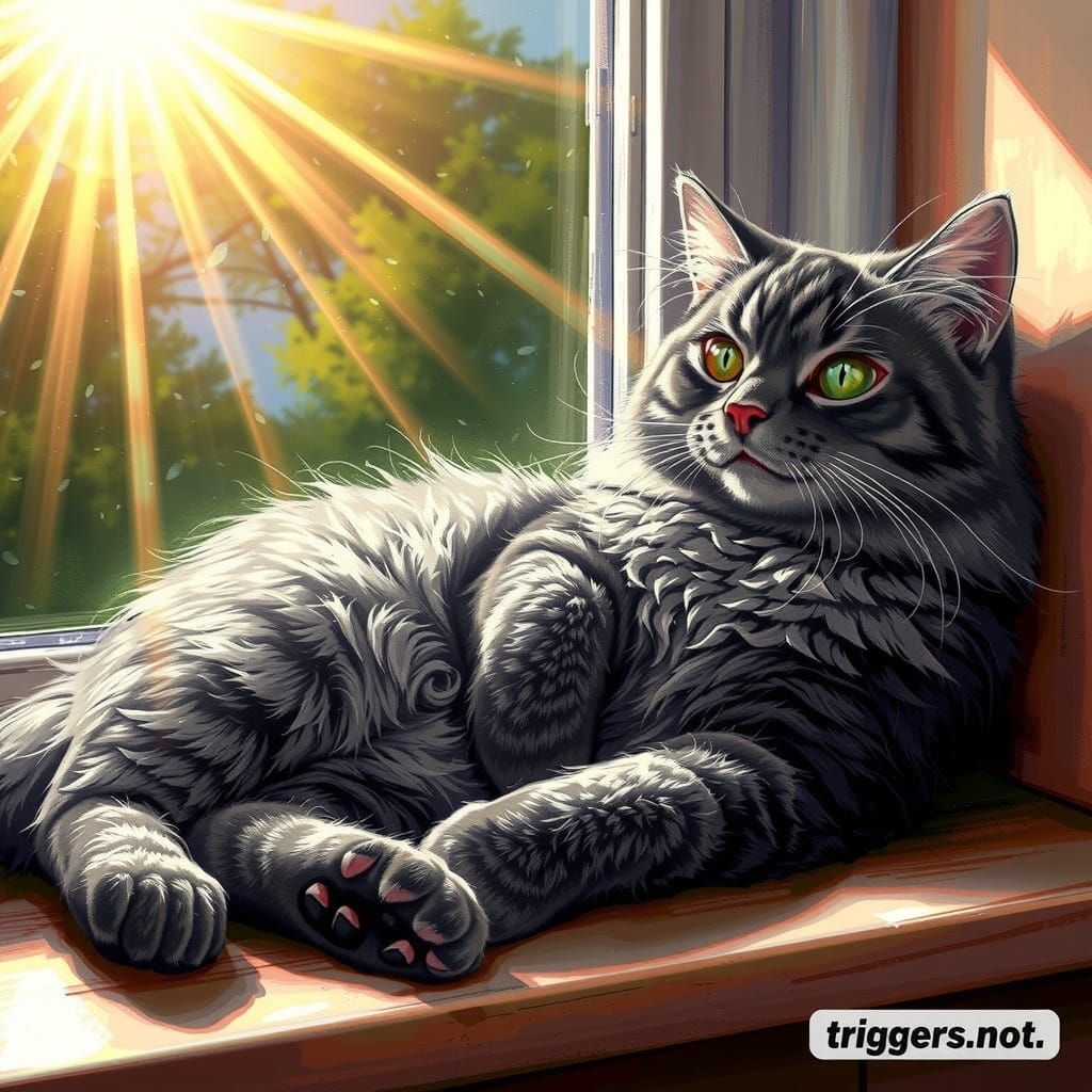 Gray Cat Basks in Sunlight Anime Style