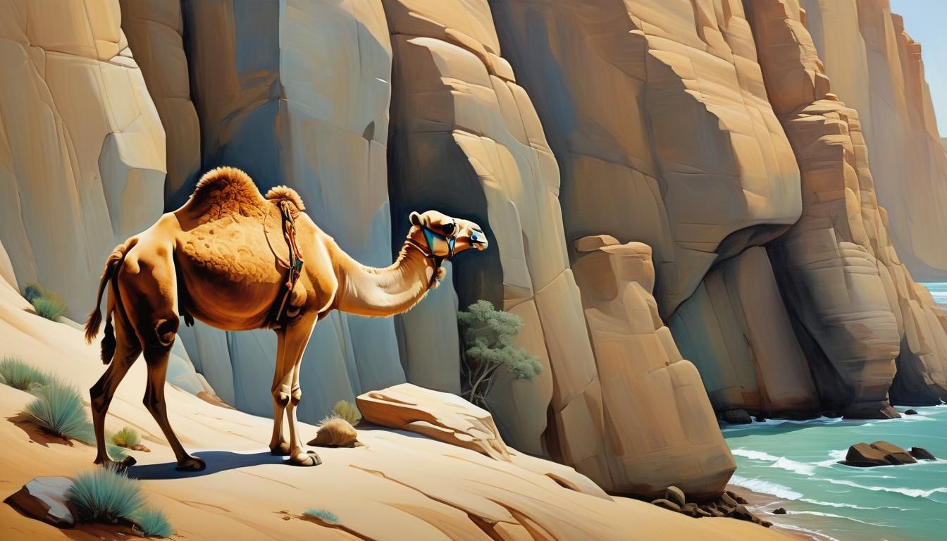 Surreal Camel on Cliff with Thick Brushstrokes