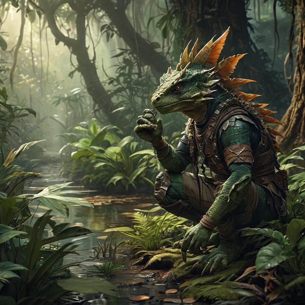 Lizardfolk Scout Plots Strategy in Jungle