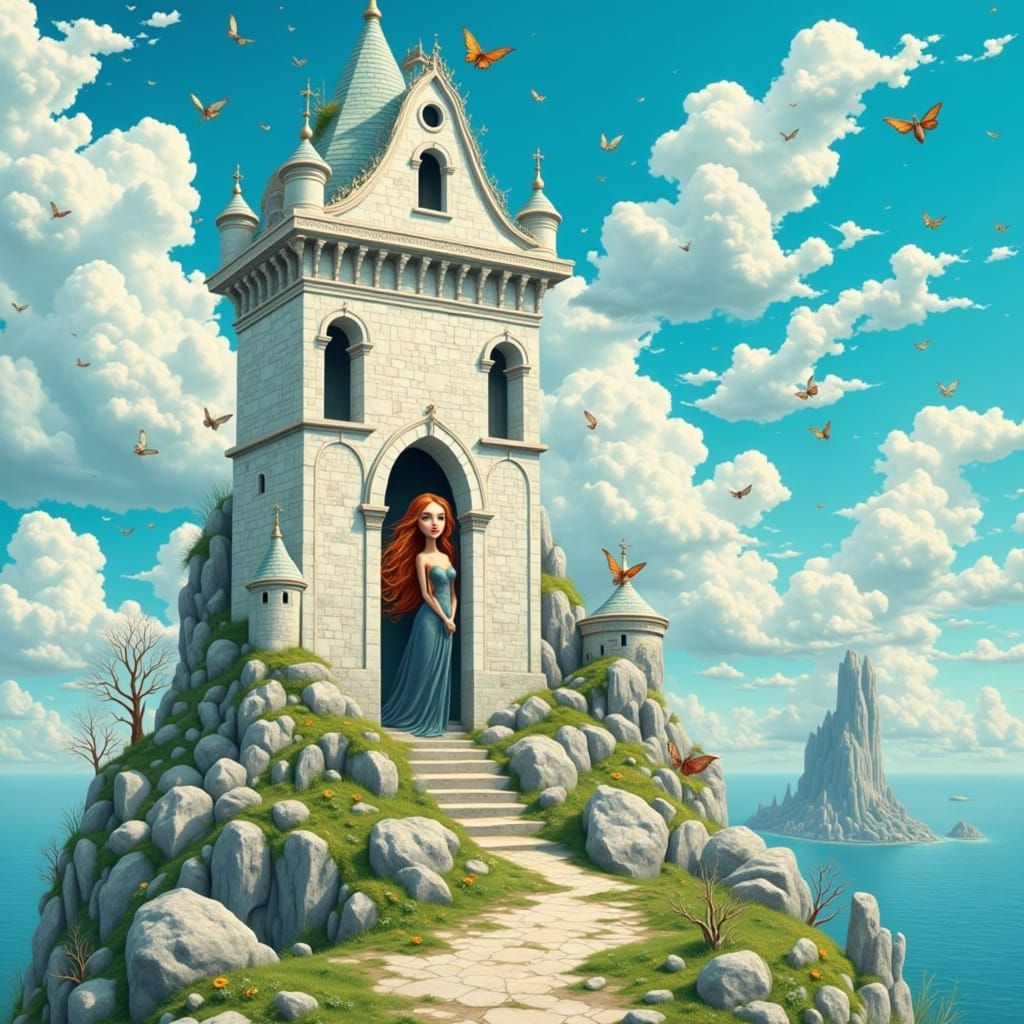 Teenager in Castle Tower Art Nouveau Style