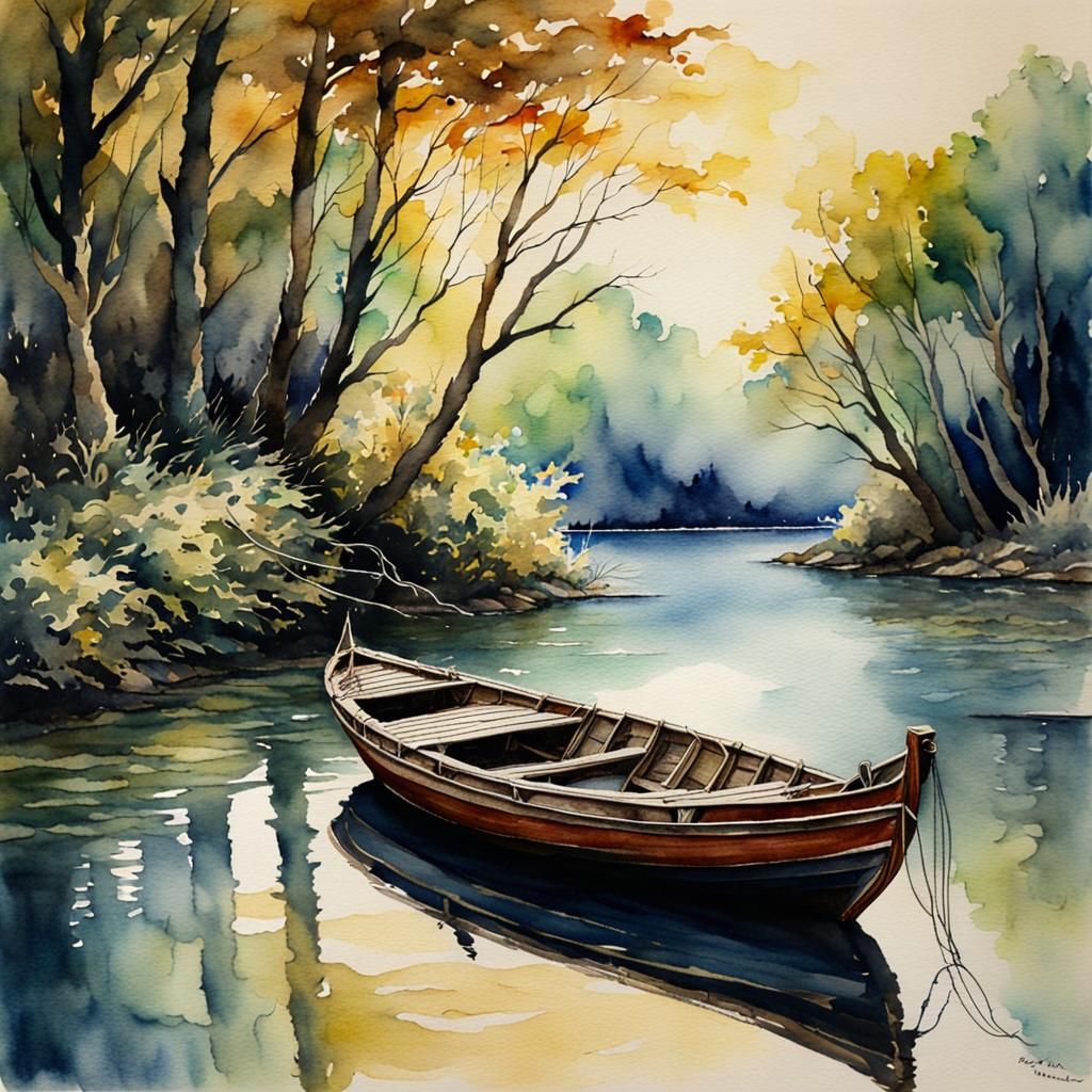 Glass and Yarn Boat on River, Watercolor Illustration