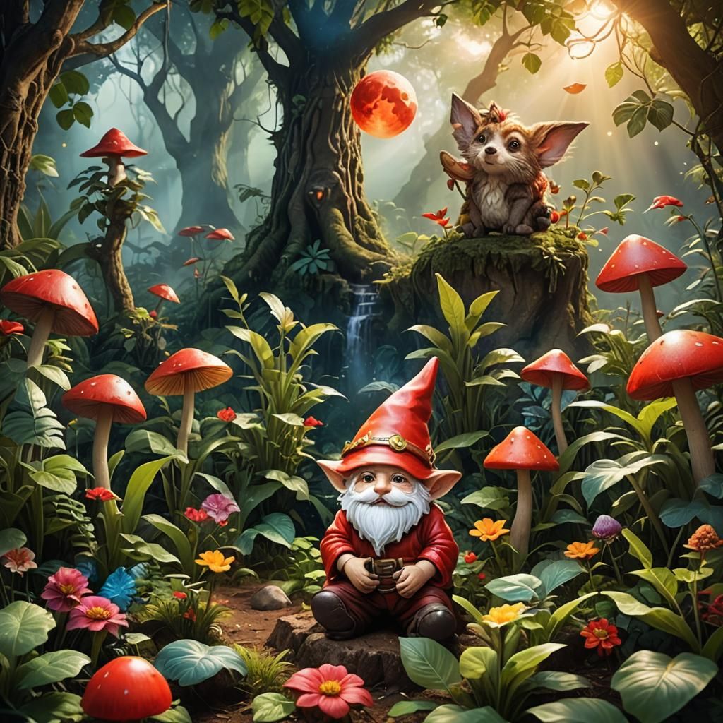 Jungle Animals Protected by Red Moon, Fantasy Art