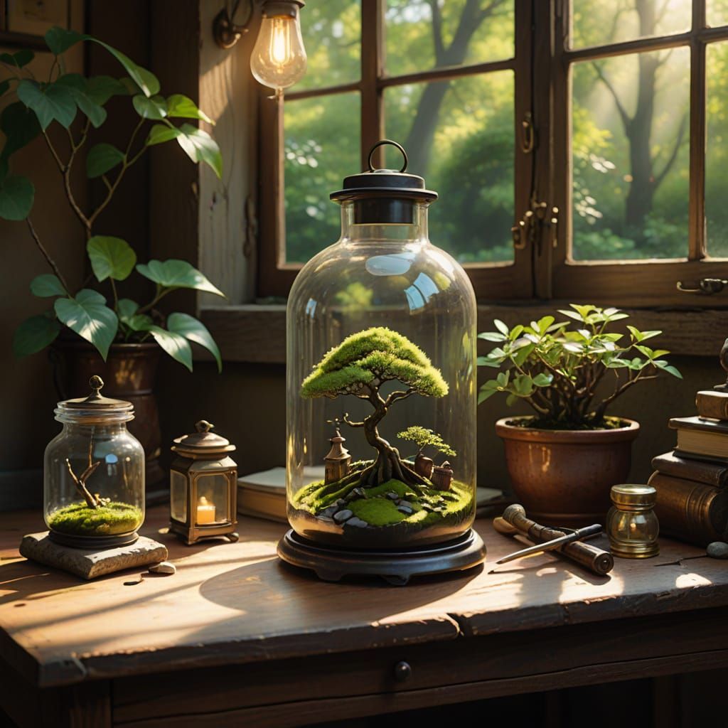 Miniature Enchanted World in Glass Bottle, Ghibli Style