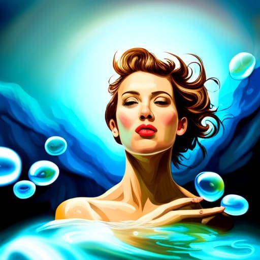 Underwater Woman Blowing Bubbles in Still Water