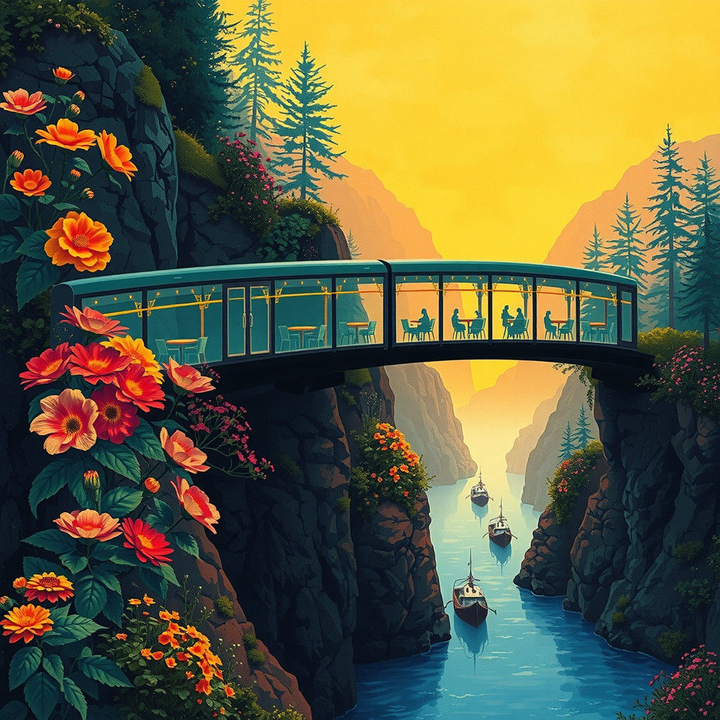 Ethereal Fantasy Train Bridge Over Lush Gorge