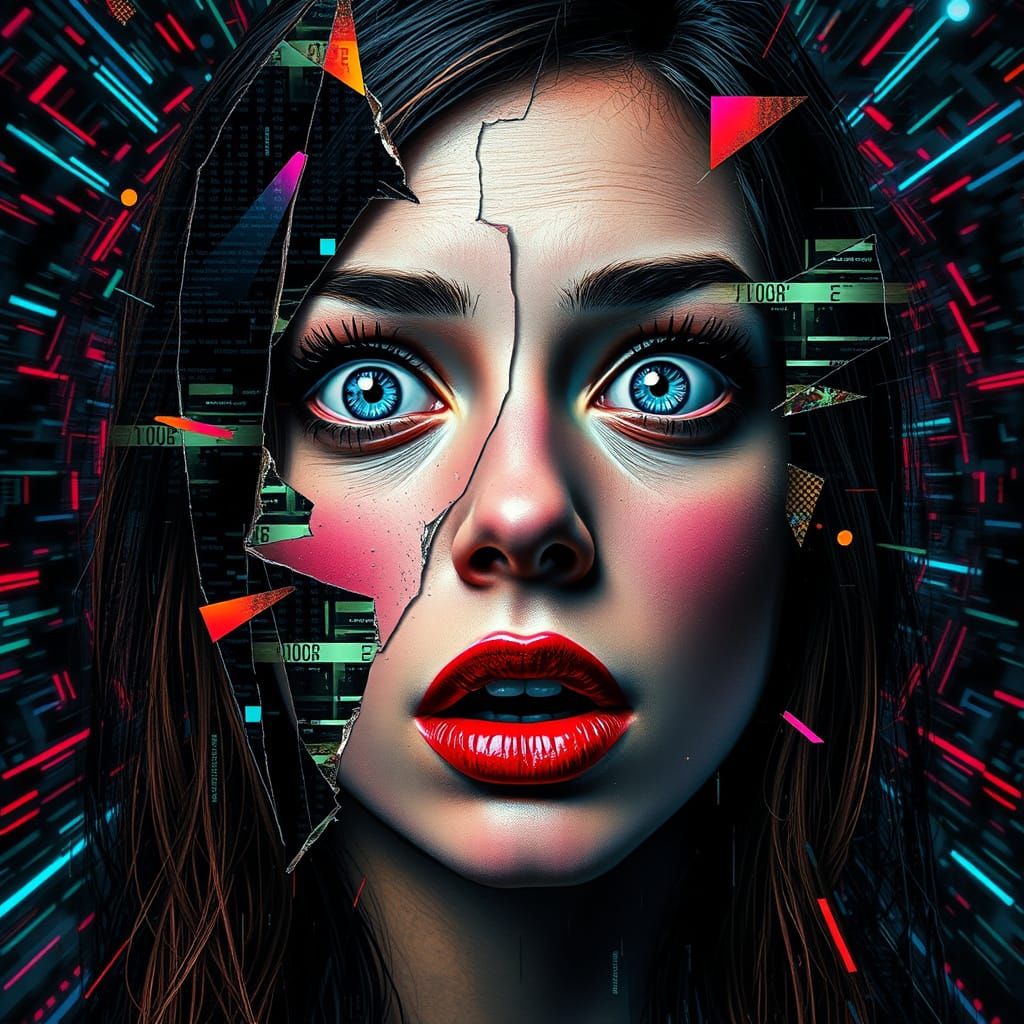 Fractured Pixel Woman: Cyberpunk Glitch Art