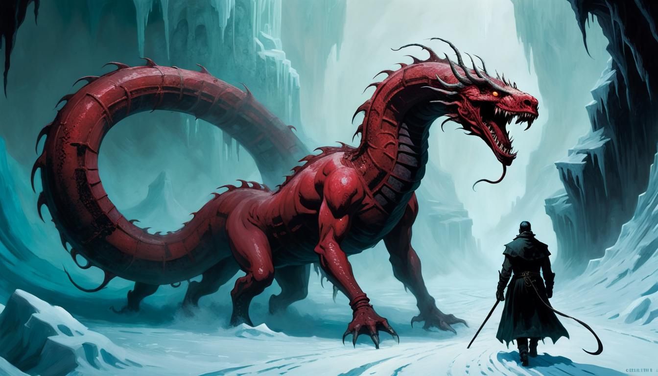 Riding the crimson serpent into the void of frozen hell.
Art style by Eduardo Risso, Gerald Brom; impressionism,
resin ...
