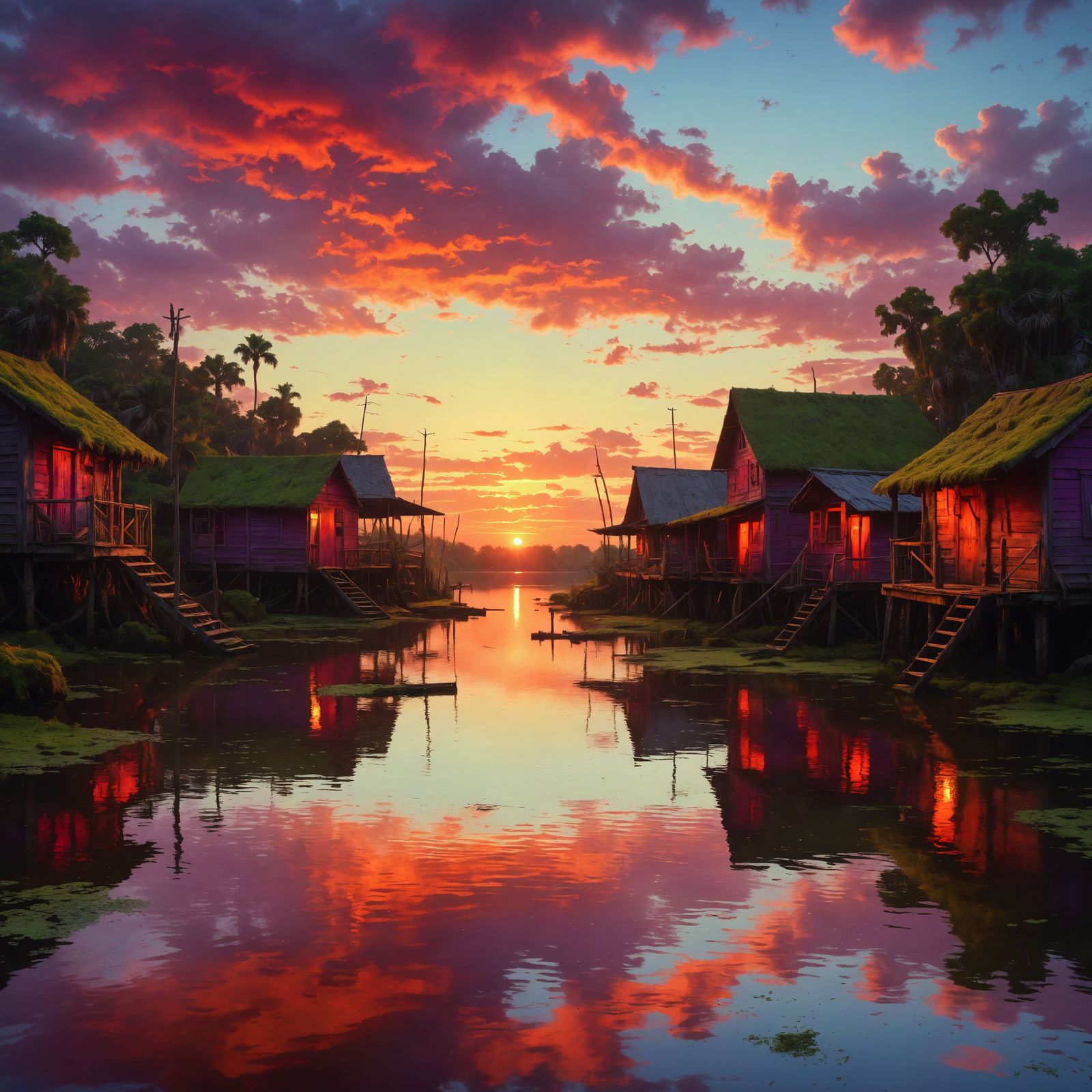 Hyperrealistic Bayou Sunset Painting