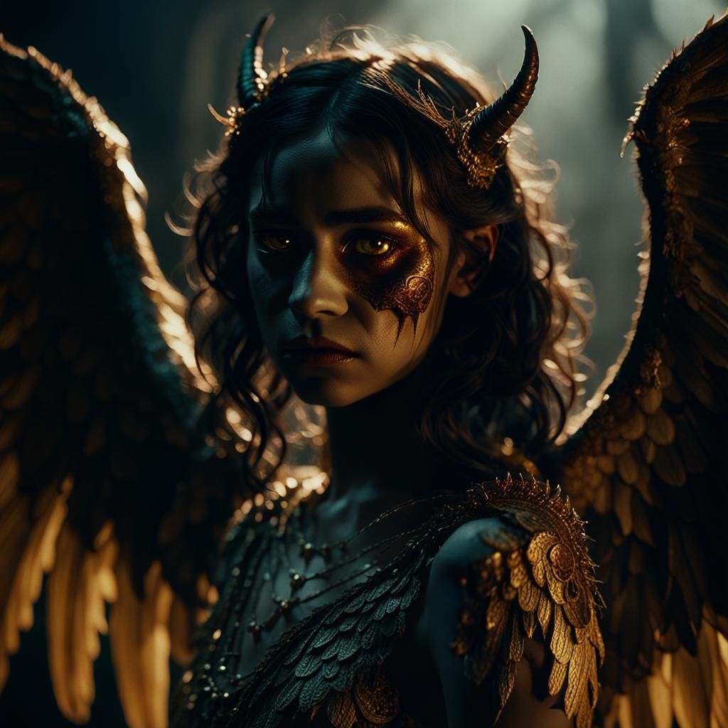 Seductive Demon Goddess in Golden Light