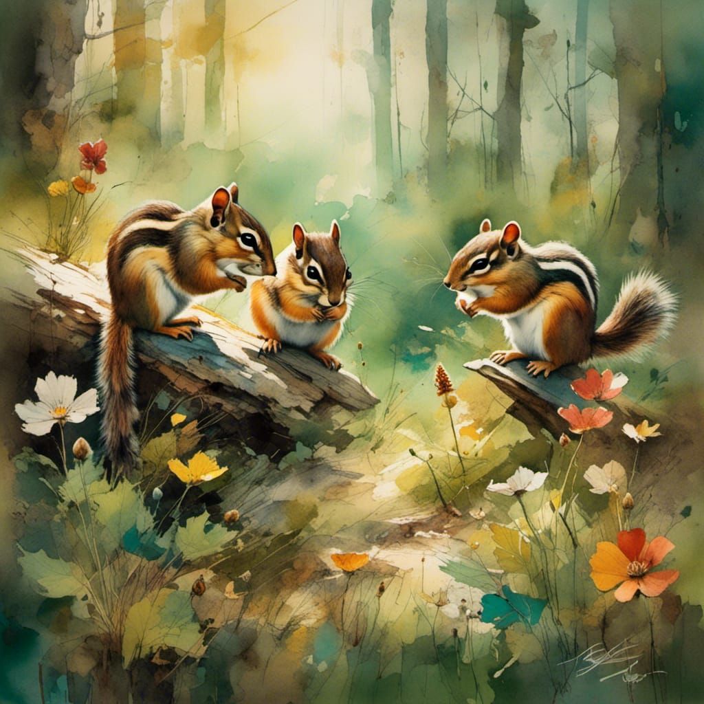 Charming Chipmunks in Forest Glade Illustration