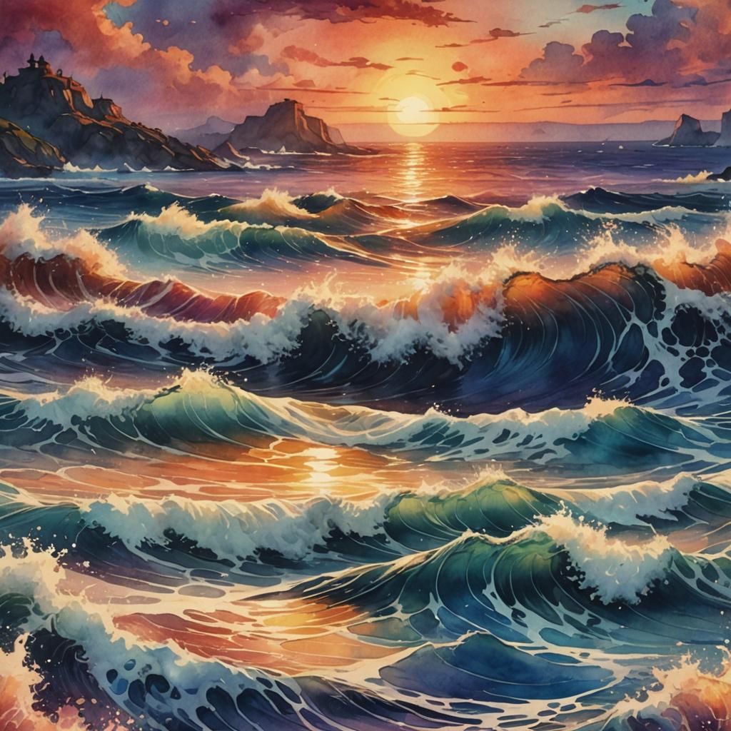 Serene Sunset Over Ocean Waves Watercolor Painting