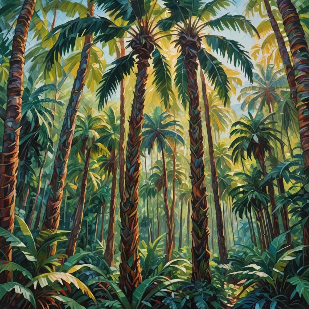 Lush Palm Jungle: Neo-Impressionist Expressionist Oil Painti...