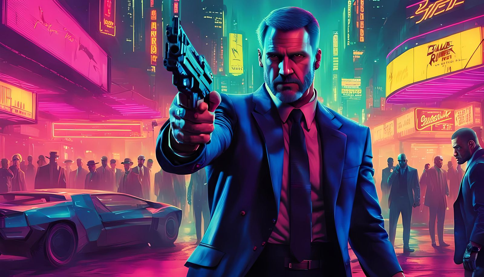 Cyberpunk Man in Suit Points Gun