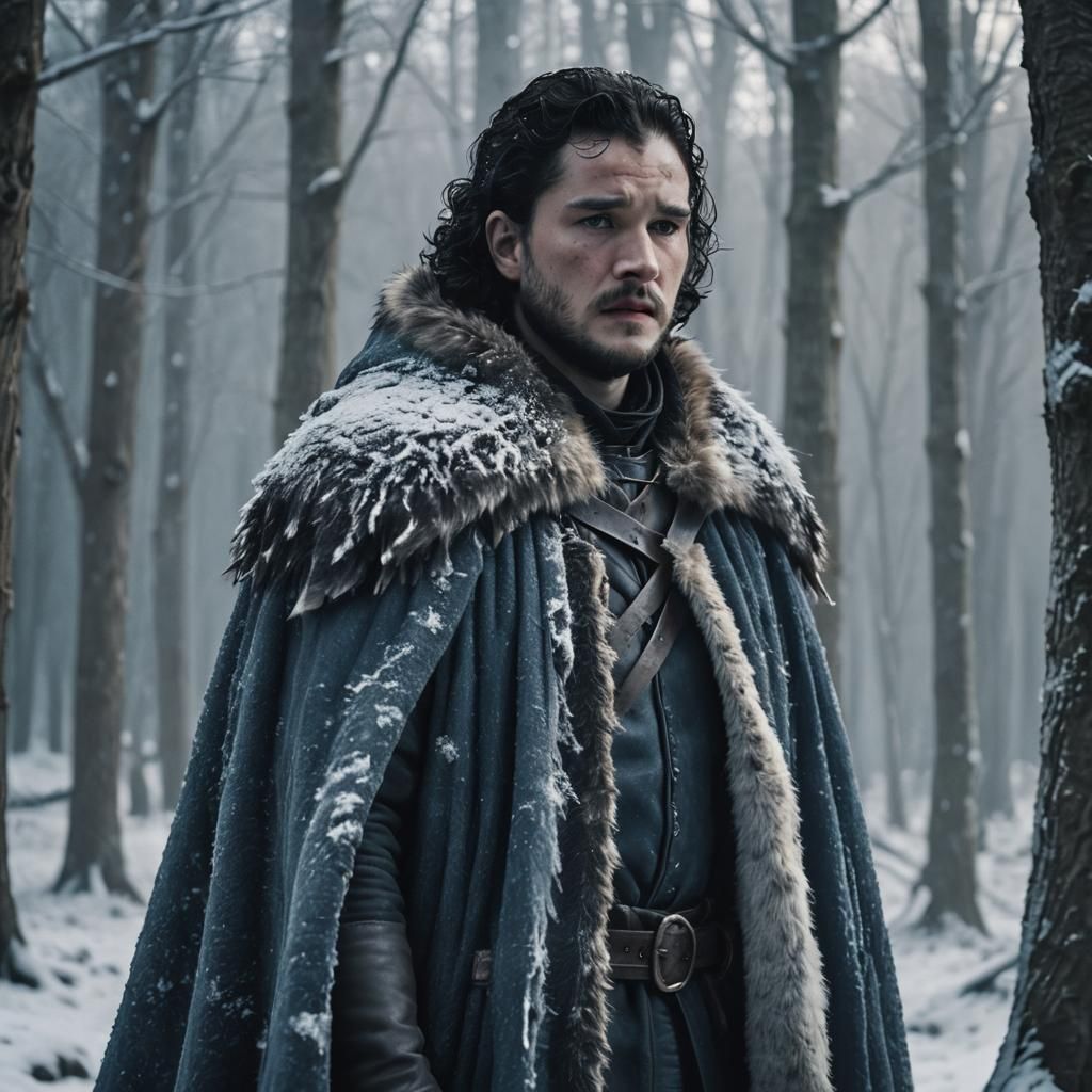 Brooding Jon Snow in Snowy Forest