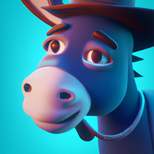 Blue Cartoon Donkey in Cowboy Hat, 3D Digital Art
