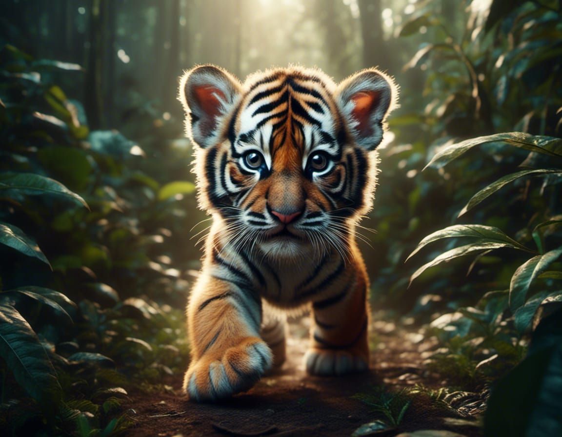 Cute Baby Tiger Walking in Jungle: Hyperreal Photo