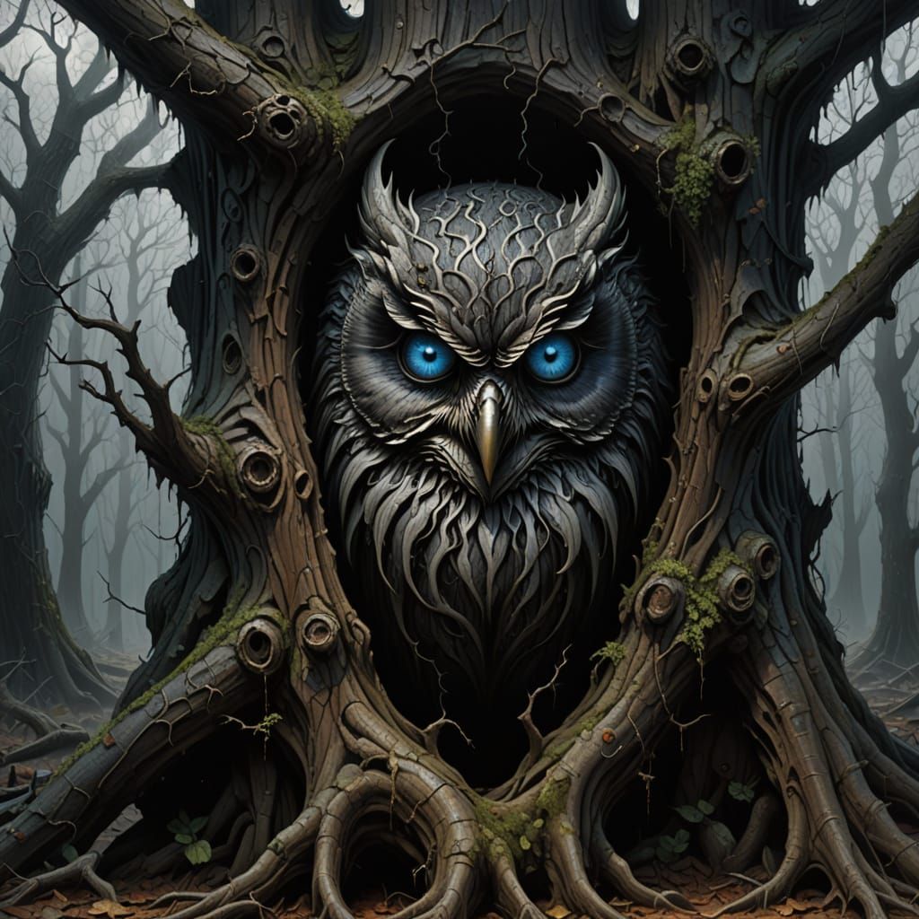Grimdark Owl Amidst Ancient, Twisted Tree Roots
