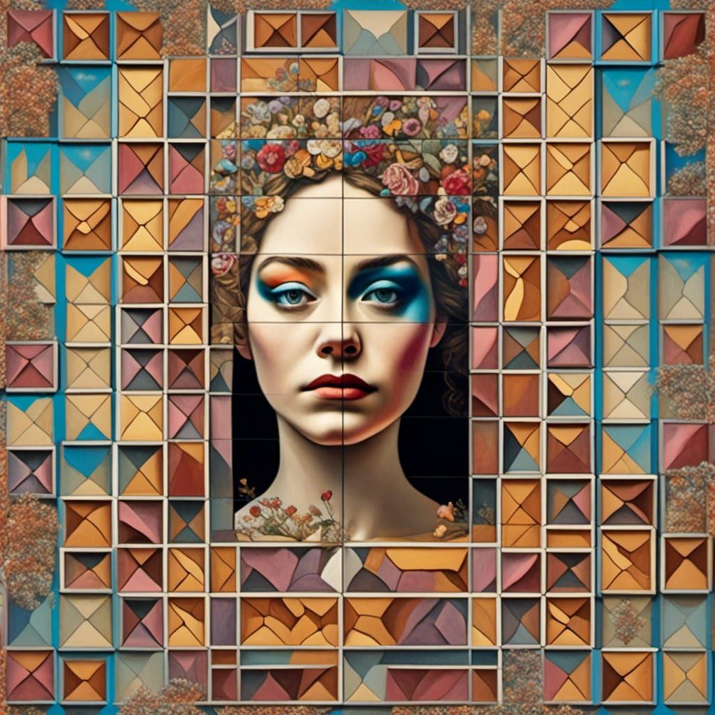 Fragmented Image Puzzle Featuring Face, Apple, Landscape